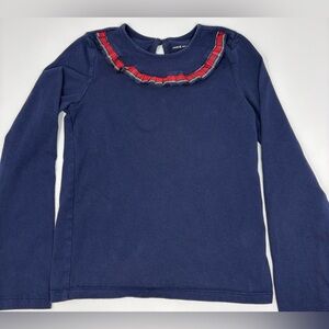 JANIE & JACK: Navy Blue Long Sleeve Shirt Red Plaid Ruffle Detail, Size 8